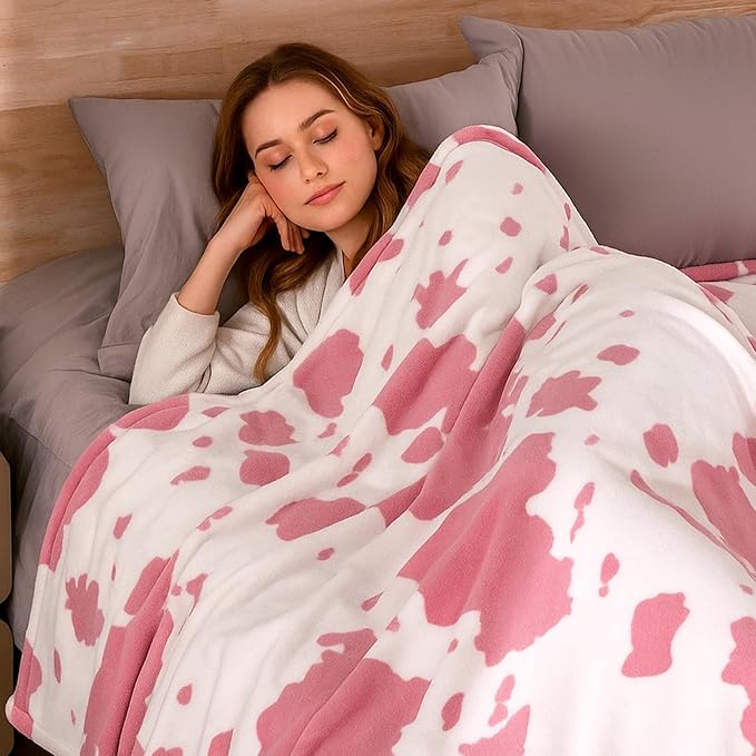 Cozy Bliss Cow Print Throw Blanket for Bed - Fuzzy Thick Soft Warm Fleece Blankets for Couch & Bed, for Women Men Girls Kids, Pink Large King Size 120"*100"