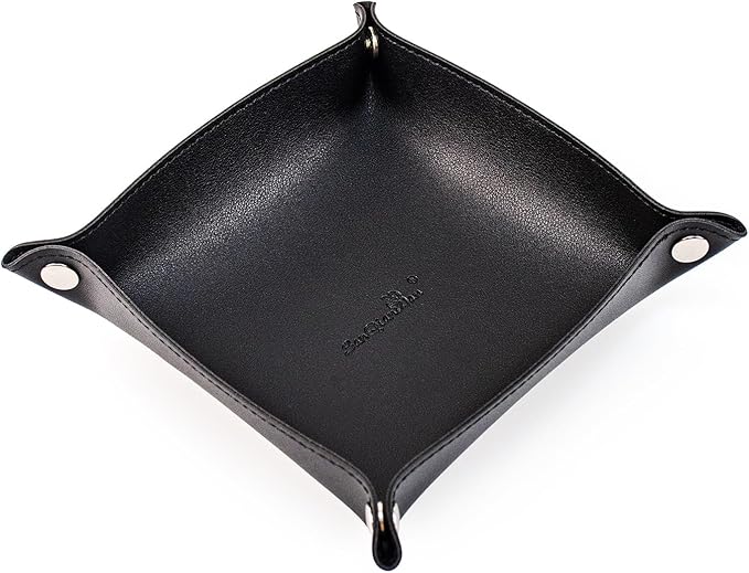 SANQIANWAN PU Leather Arc Edge Jewelry Valet Tray for Man and Women, Portable Mini Entryway Table Tray Bedside Nightstand Desk Tray Small Travel Dish Plate for Key,Wallet,Watch,Coin (Black)