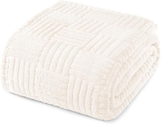 Whale Flotilla Lightweight Fleece Queen Size Blanket for Bed, Fuzzy Soft Blankets with Decorative Jacquard Pattern for All Season, Warm and Fluffy, 90x90 Inch, Ivory