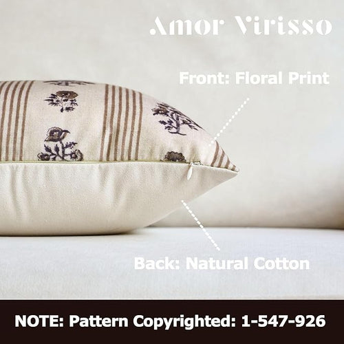Amor Virisso Floral Throw Pillow Covers 22x22 Set of 2 Block Print Pillow Covers Neutral Floral Striped Farmhouse Decorative Pillow Covers for Sofa Couch Bed, Brown