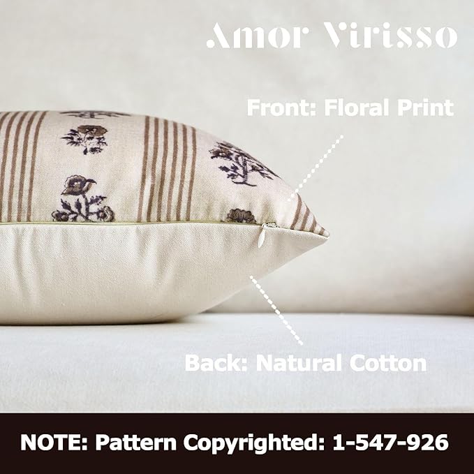 Amor Virisso Floral Throw Pillow Covers 12 x 20 Set of 2 Block Print Pillow Covers Neutral Floral Striped Farmhouse Decorative Pillow Covers for Sofa Couch Bed, Brown