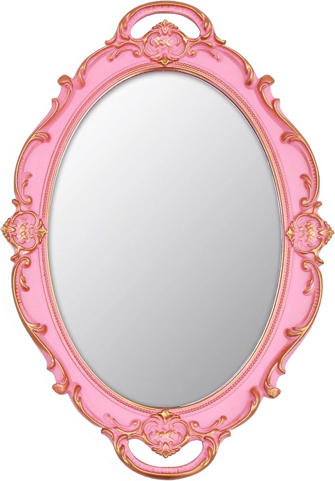 Vintage Small Mirror 14.5 x 10 inch Oval Pink Wall Mirror