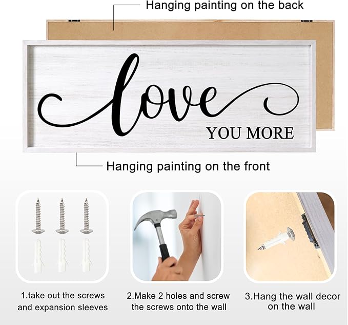Love You More Decorative Rustic Sign & Plaque Framed Wall Art for Couples, 40''×15'' Vintage Cottagecore Wooden Horizontal Love Quote Home Decor Above Bed for Living Room, Farmhouse Wedding Gift
