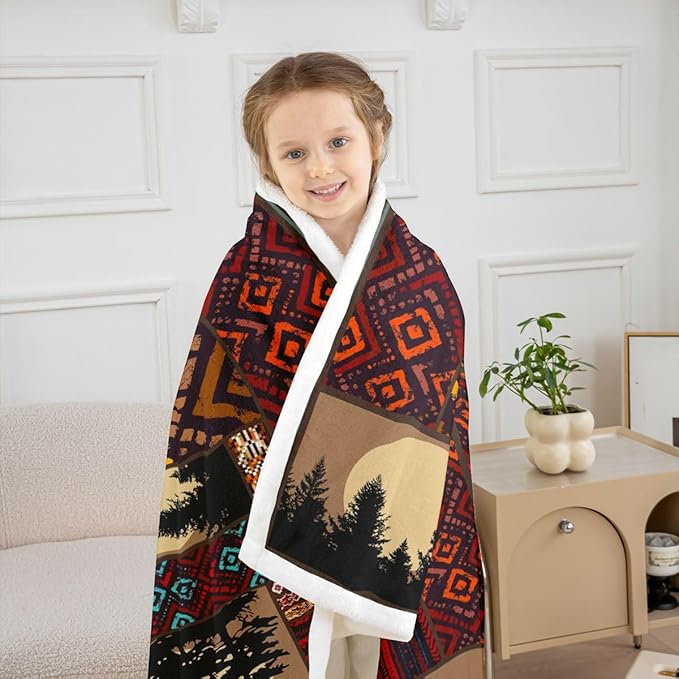 Deer Moose Bear Fleece Blanket Twin 60"X80",Boho Aztec Sherpa Blanket Western Rustic Woodland Throw Blanket For Bed Sofa Couch,Pine Tree Red Brown Stripe Bed Blanket For Country Lodge Cabin Decor