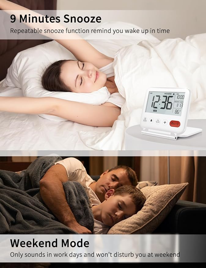 NOKLEAD Digital Travel Alarm Clock - 3.23 inch LCD Display, Temperature, 9-Minute Snooze, 10s Backlight, Battery Included (White)