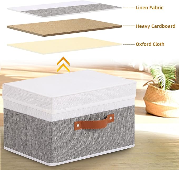 Storage Baskets with Lids, Closet Organizer Boxes, Foldable Shelves Storage Bins with Handles, White and Grey, 3 Pack, 13 x 9.1 x 7.9 Inch