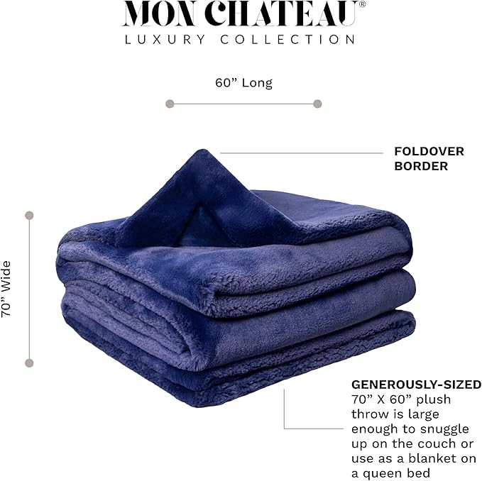 Mon Chateau 60" x 70" Hearthside Faux Fur Throw Blanket, Reversible Soft Blanket for Queen-Size Bed, Couch, or Sofa, Cozy Home Decor and Stylish Living Room Comfort, Winter Cream (Midnight Tide)
