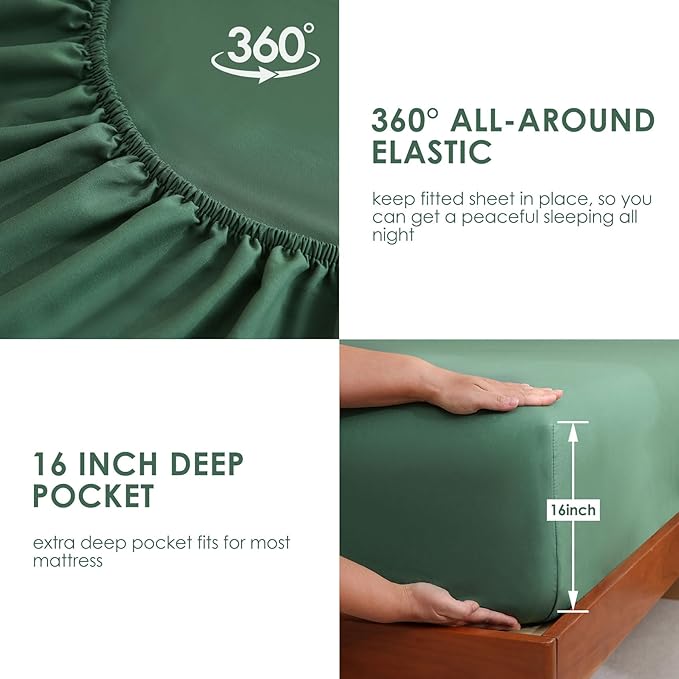 JSD Hunter Green Twin Sheet Set with Side Pocket Corner Straps, 3 Piece Soft Kids Microfiber Bed Sheets Extra Deep Pocket
