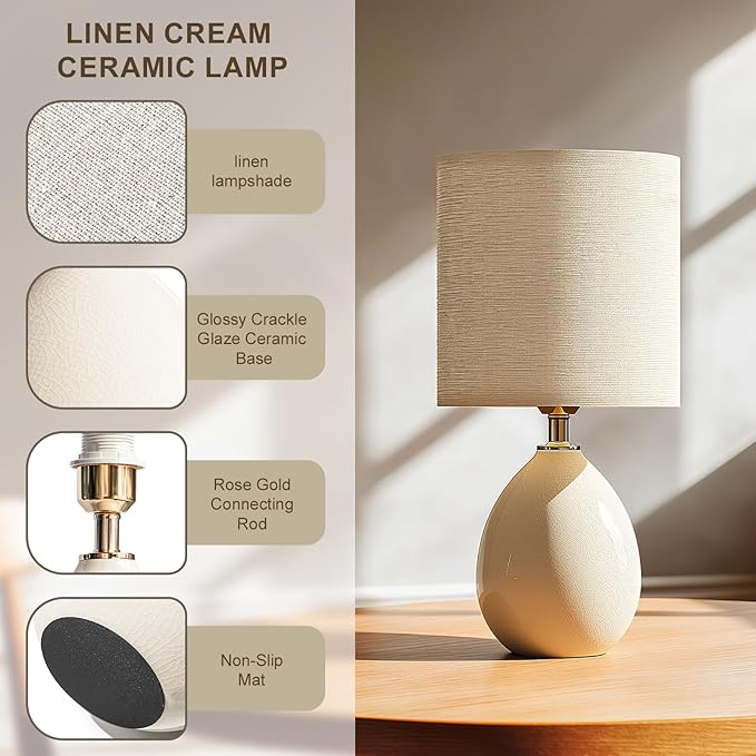 18.5" Table Lamps Set of 2 for Living Room Bedroom, Bedside Lamps for Night Stands, Desk Nightstand Lamp Dimmable, Modern Linen Cream Ceramic Lamps