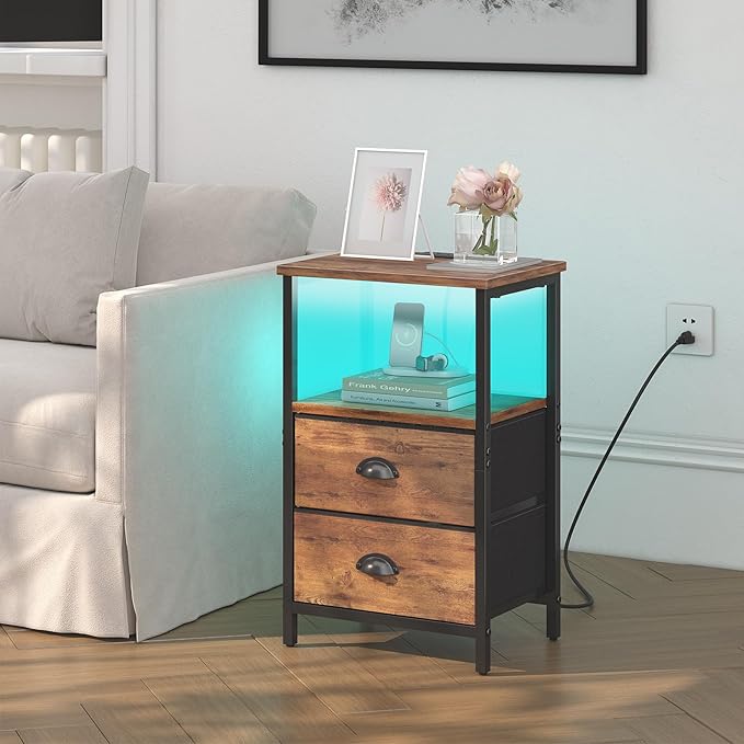Nightstand with Charging Station, Night Stand with 2 Fabric Drawers, Bedside Table End Table with LED Light, 3-Tier Storage Side Table Nightstand with Drawers for Bedroom,Rustic Brown
