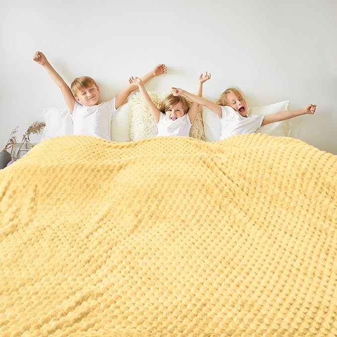 Vessia Flannel Fleece King Size Bed Blanket(108x90 inch), 3D Jacquard Light Yellow Fuzzy and Warm Blanket for Adults, 300GSM Super Soft Touch Cozy Lightweight Bed Decor for All-Season