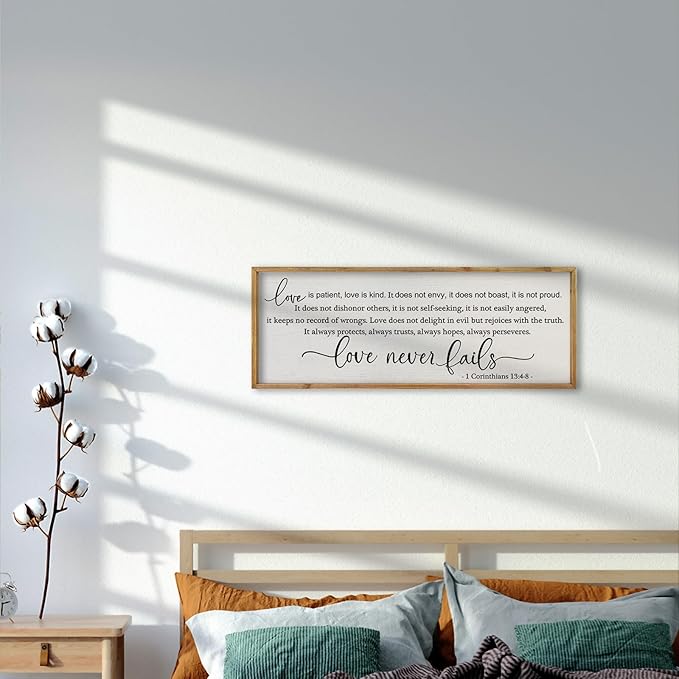 comurdyo Love is Patient Kind Sign 1 Corinthians 13:4-8 Wall Art Bible Verses 32X12 Inch Love Never Fails Wall Decor for Master Bedroom Above Bed (Wood)
