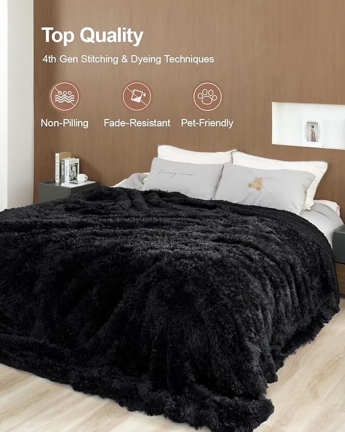 Pawque Faux Fur Blankets King Size 90x108 Inches, Soft Fuzzy Fluffy Blanket, Warm Thick Sherpa Long Hair Shag Reversible Lightweight Cozy Throw for Bedroom Sofa Couch, Black