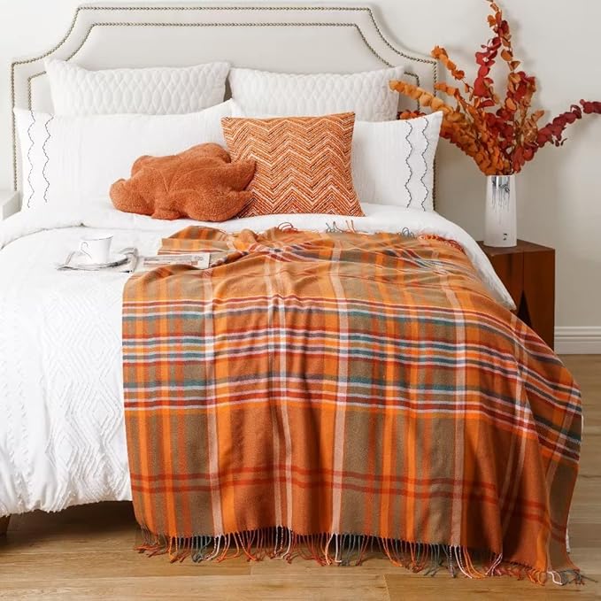 BATTILO HOME Orange Plaid Throw Blanket for Couch - Fall Throw Blanket - Lightweight Buffalo Plaid Blanket Throw Checkered Blanket for Bed, Sofa, Chair,Home Decor, Fall Decor