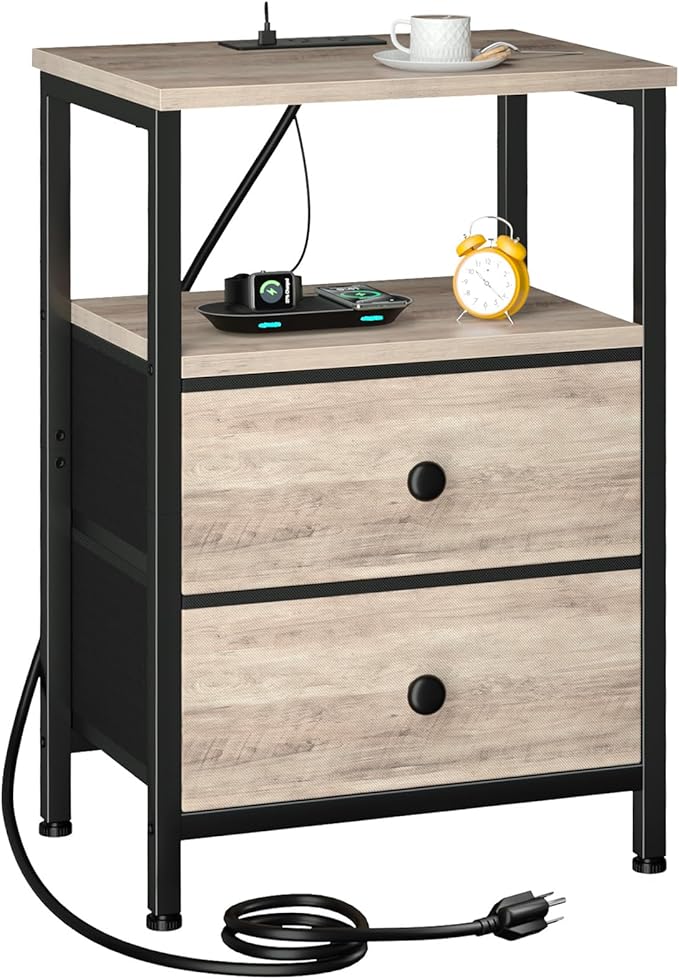 Night Stand with Charging Station, Small Bedside Table with 2 Fabric Drawers, Nightstand with USB Ports & Outlets for Bedroom, Living Room, Grey, HETS020GY-1