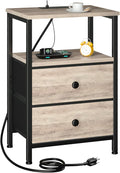 Night Stand with Charging Station, Small Bedside Table with 2 Fabric Drawers, Nightstand with USB Ports & Outlets for Bedroom, Living Room, Grey, HETS020GY-1