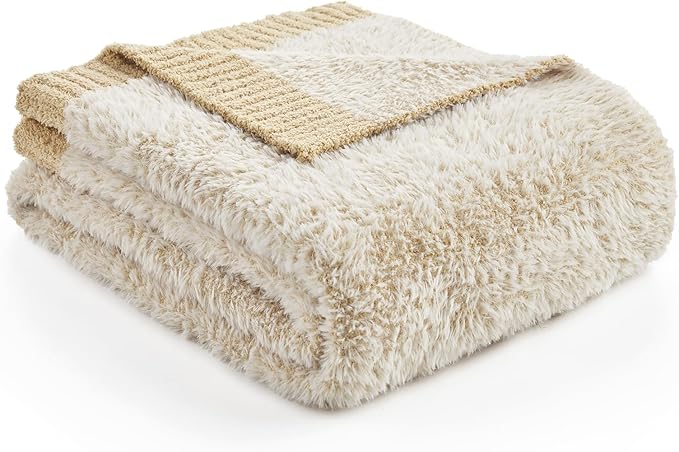Amélie Home Knit Throw Blanket for Couch, Super Soft Fuzzy Cozy Throw, Giftable Knitted Blanket for Women Men, Birthday, Sofa Bed Living Room Decor, 50" x 60", Heather Beige