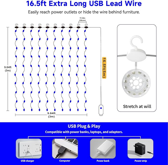 HXWEIYE 300LED Untangled Curtain Lights, 9.8x9.8Ft USB Fairy Twinkle String Lights with Remote and DIY Timer, 8 Modes Window Wall Hanging Light for Bedroom Dorm Backdrop Room Decor, Blue