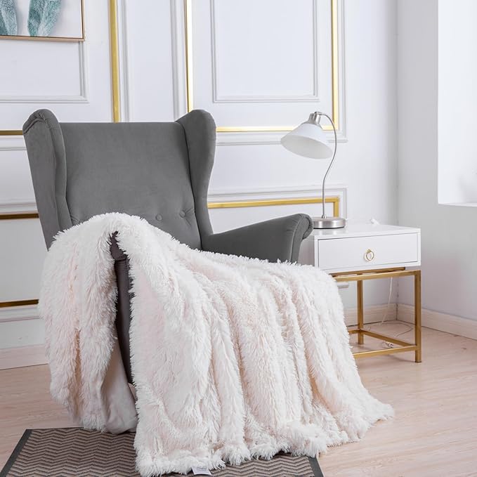 YUSOKI Long Faux Fur Twin Size Blanket,2 Layers,3.4lb for Bed Couch Home Décor Gifts Women (Cream White,60" x 80")