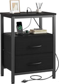 DUMOS Nightstand with Charging Station Built in USB Ports and AC Outlets Bedside Table with Adjustable Fabric Drawer and Open Shelf Modern End Table for Bedroom,Black