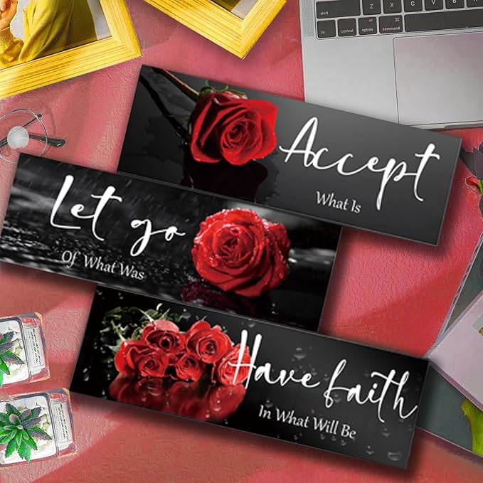 ZINYAZHE 3 Pcs Red Decor Flower Inspirational Wooden Wall Art Red Roses Office Wall Decor with Accept Let Go Have Faith Positive Quotes for Girl Women Bathroom Living Room Bedroom(16 x 5 Inch)