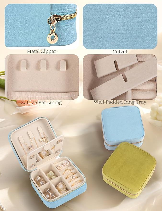 Plush Velvet Travel Jewelry Case Small Jewelry Box Jewelry Organizer Storage Case Portable Jewelry Travel Case for Girls Womens Earring, Necklace, Rings,Bracelets with Mirror