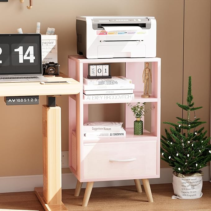 Night Stand, Pink Nightstand with Drawer, Side Table with Open Storage, 3-Tier Modern End Table, Bedside Table for Small Space, Living Room, Bedroom