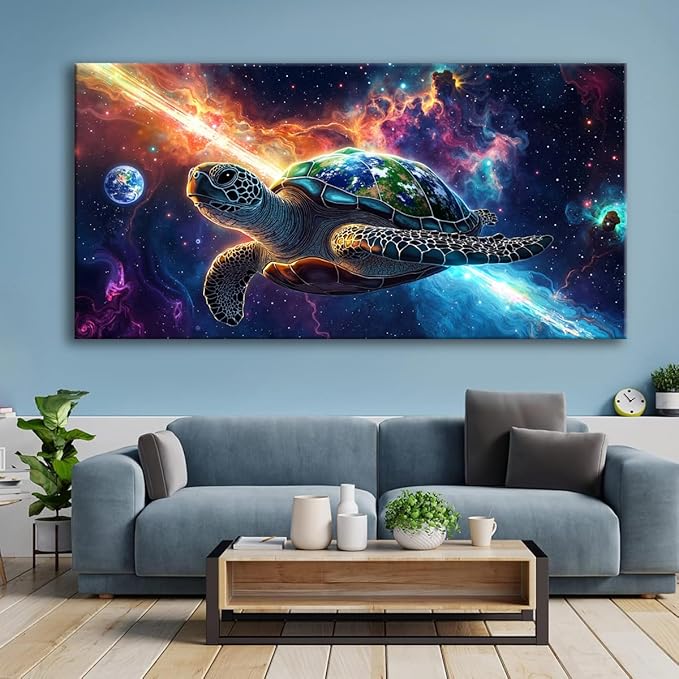Canvas Wall Art - Modern Turtle cosmic landscape Paintings for Living Room, Bedroom Wall Decor, Framed Wall Art for Home or Office Decoration, Large Art 60x30in