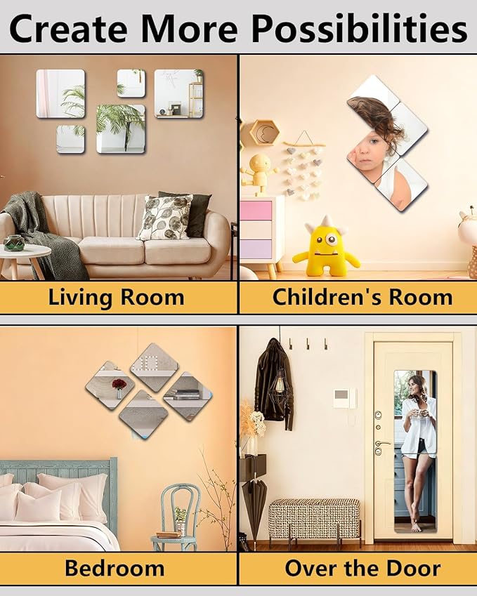 Shatterproof Wall Mirror Full Length for Bedroom, Acrylic Gym Mirrors For Home, Extra Thick : 0.12 Inch, 14 x 12 Inches x 4 PCS, Workout Mirrors Safe for Kids, Over The Door, Long Wall Mounted Mirror