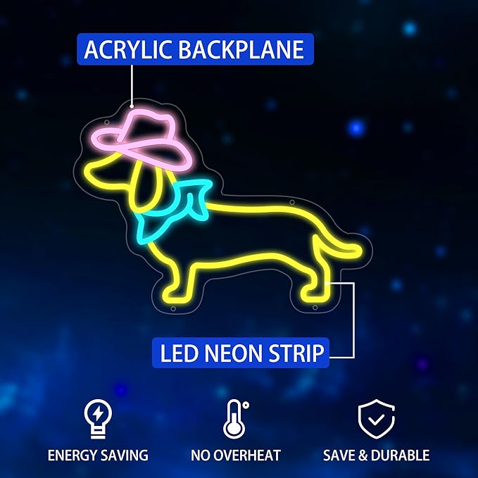 Dachshund Neon Sign Dog LED Sign for Wall Decor, Cute Cowboy Dog Led Light Sign for Pet Shop, Bedroom, Home Wall Decor, Party Decor, Gift for Pet Lover and Dachshund Fans