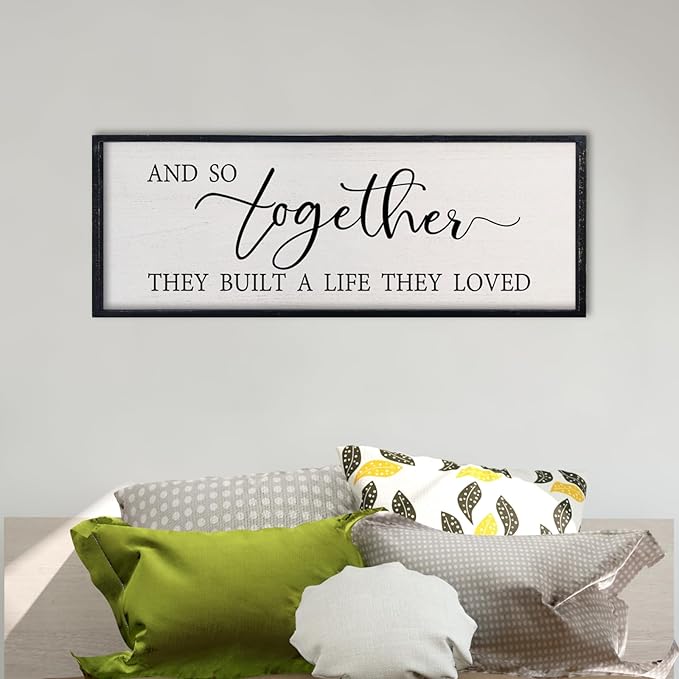 comurdyo Love Quote Wall Art And So Together They Built A Life They Loved Sign 32×12 Inch for Master Bedroom Over the Bed Living Room Farmhouse Rustic Wood Framed Wall Hanging Decor (Black)