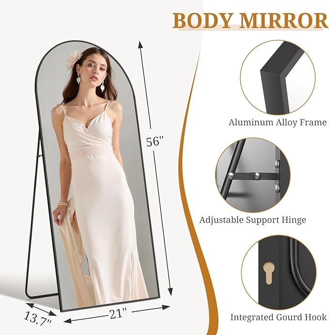 Full Length Mirror 56"x21" Full Body Mirror Arched Free Standing Wall Mounted Leaning Floor Mirrors with Stand Aluminum Alloy Frame for Bedroom Cloakroom, Black