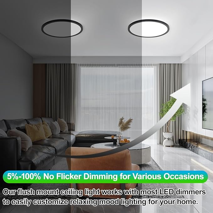 16.5 Inch Large Flush Mount Ceiling Light Fixtures, 4200 Lumens 32W Ceiling Lamp, 2700K-6500K Selectable & Dimmable, 0.86 Inch Extremely Thin Black Modern Flat LED Ceiling Lights for Bathroom, 1 Pack
