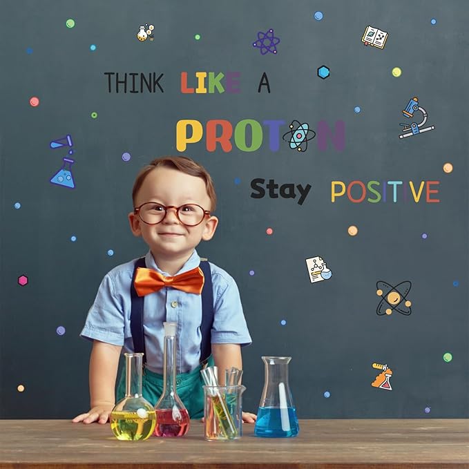 HLNIUC Large School Wall Decal(35”x12”),Colorful Chemistry Classroom Stickers,Chemical Proton Laboratory Wall Decor,Inspirational Quotes Room Sticker,Stay Positive Science Art Decal for Kids Room Lab