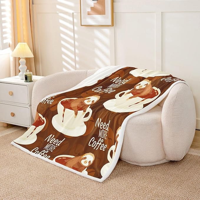 Erosebridal Sloth Coffee Fleece Sherpa Blanket for Boys Girls Adults - Coffee Cup Beans Print, Fuzzy Throw - Twin 60"x80" Brown White