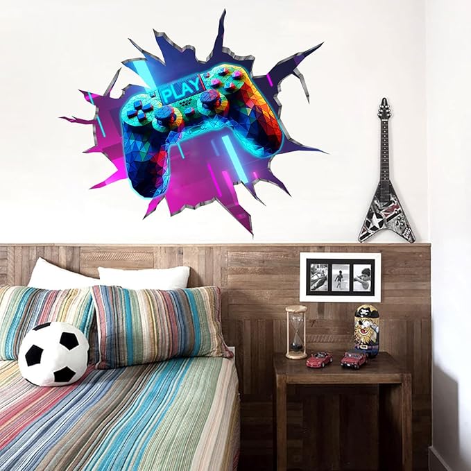 Large 3D Game Wall Decals (35.8”x32.4”), Gaming Break Through The Wall Vinyl Wall Stickers for Game Lover, Removable Video Games Artwork for Boys Playroom Bedroom Decor