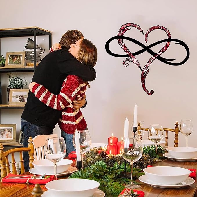Infinity Heart Wall Decor, Unique Infinity Heart Metal Wall Art Decor Love Sign Steel Wall Plaques Bedroom Ornaments for Home Wedding Decor, Room Living Room Decoration (Red Black, 13.7x11.4inch)