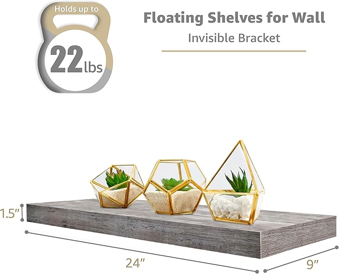 Sorbus Floating Shelves for Wall - 24" Bathroom Shelves, Wall Decor for Bedroom, Kitchen, Living Room, Home Decor & Book Storage - Mounted Floating Shelf with Invisible Brackets (Gray, 2 Pack)