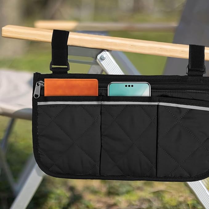 Camping Armrest Storage Bag, Chair Armrest Organizer, Car Seat Hanging Bag, Extended Back Buckle Canvas Beach Chair StorageBag, Side HangingBag For Bedside/Outdoor/Beach/Camping(black)