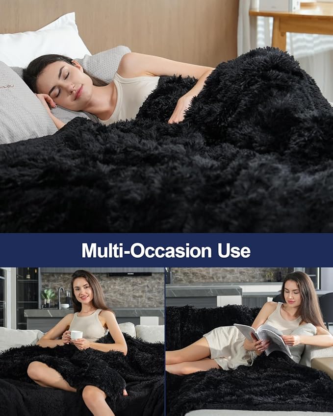Pawque Faux Fur Blankets King Size 90x108 Inches, Soft Fuzzy Fluffy Blanket, Warm Thick Sherpa Long Hair Shag Reversible Lightweight Cozy Throw for Bedroom Sofa Couch, Black