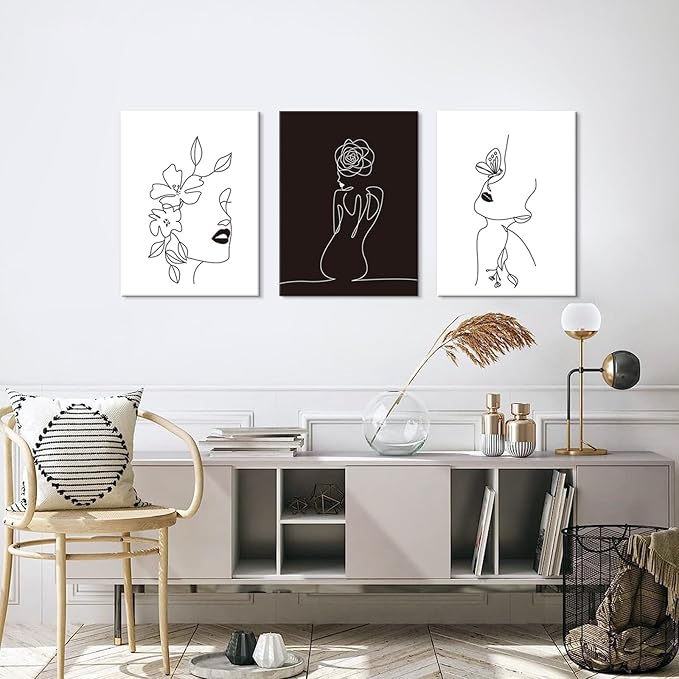 Chadow Artwork Minimalist Line Art Prints Set of 3 Abstract Women Faces Flower Wall Art Black and White Line Drawing Painting Modern Aesthetic Poster for Girls Bedroom Bathroom Living Room Decor