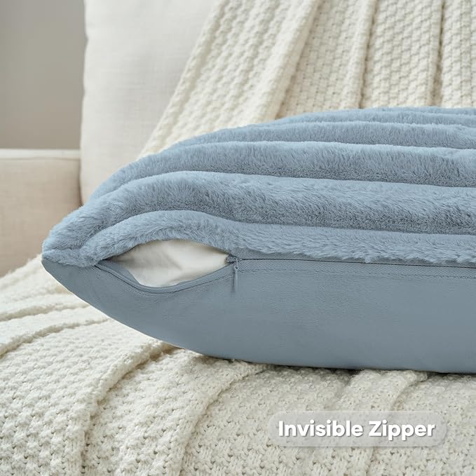 FUTEI Dusty Blue Decorative Throw Pillow Covers Set of 2, 12x20 Inch Soft Fluffy Faux Fur Plush Striped Lumbar Pillowcases, Modern Home Decor for Couch Bed Living Room