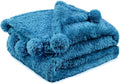 PAVILIA Teal Sherpa Throw Blanket for Couch, Warm Plush Pom Pom Blanket Twin, Fuzzy Sofa Throw for Bed, Lightweight Soft Cozy Fluffy Blanket With Pom Poms, Turquoise, 60x80