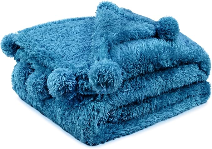 PAVILIA Teal Sherpa Throw Blanket for Couch, Warm Plush Pom Pom Blanket Twin, Fuzzy Sofa Throw for Bed, Lightweight Soft Cozy Fluffy Blanket With Pom Poms, Turquoise, 60x80