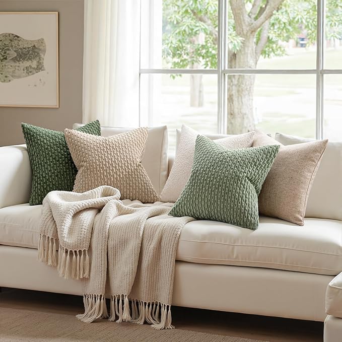 MIULEE Pack of 2 Decorative Throw Pillow Covers 20x20 Inch Soft Boho Striped Textured Corduroy Pillow Covers Spring Modern Farmhouse Home Decor for Couch Bed Sofa Living Room Sage Green