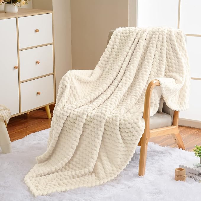 Vessia Flannel Fleece Throw Blanket(50x70 inch), 3D Jacquard Cream Fuzzy and Warm Blanket for Couch,Sofa,Bed,Chair, 300GSM Super Soft Touch Cozy Lightweight Throw for All-Season Home Decor