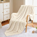 Vessia Flannel Fleece Queen Size Bed Blanket(90x90 inch), 3D Jacquard Cream Fuzzy and Warm Blanket for Adults, 300GSM Super Soft Touch Cozy Lightweight Ivory Bed Home Decor for All-Season