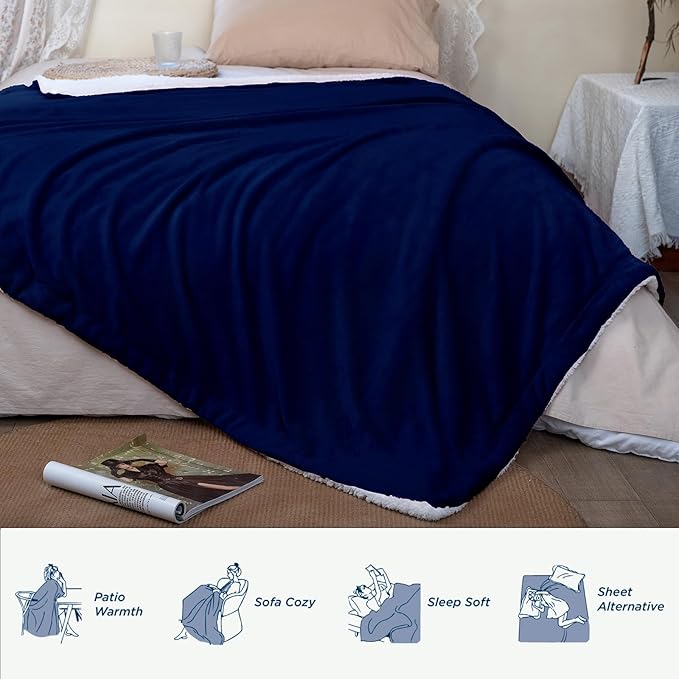 K.Garden Sherpa Fleece Throw Blanket for Couch Sofa, Super Soft Cozy Fuzzy Plush Blankets Fleece Thick Warm Blanket for Winter Reversible Thick Warm Blanket for Bed, Sofa, Navy 6080