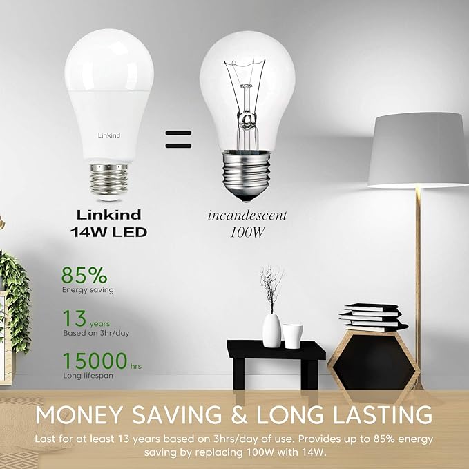 Linkind A19 LED Light Bulb, 100W Equivalent Light Bulbs, 14W 5000K Daylight, 1600 Lumens Non-Dimmable LED Bulb, E26 Standard Base, Energy Efficient UL Listed, 6-Pack