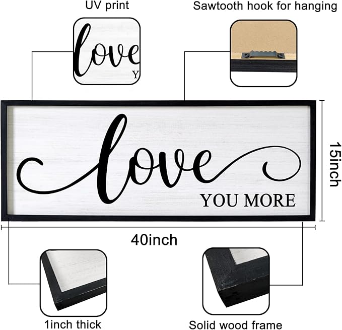 Love You More Decorative Rustic Sign & Plaque Framed Wall Art for Couples, 40''×15'' Vintage Cottagecore Wooden Horizontal Love Quote Home Decor Above Bed for Living Room, Farmhouse Wedding Gift